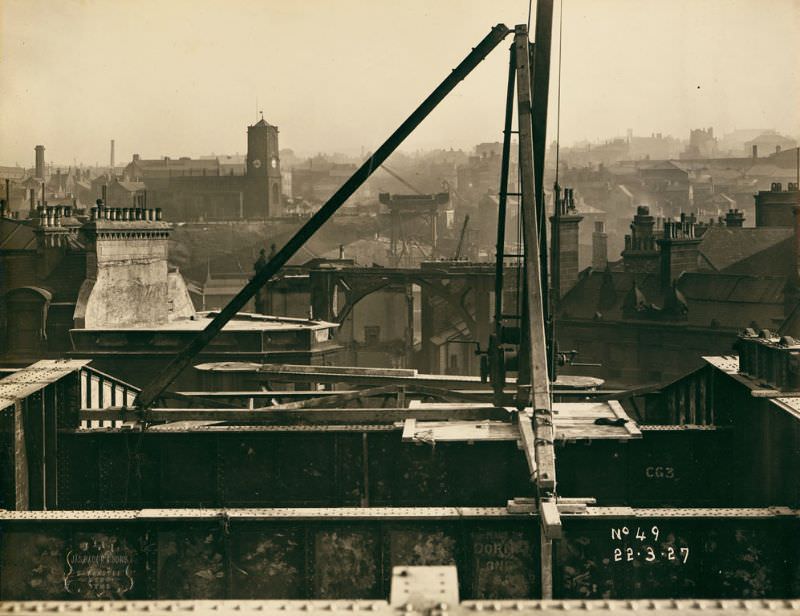 View of the Tyne Bridge in the very early stages of construction, looking from Newcastle upon Tyne over towards Gateshead, March 22, 1927