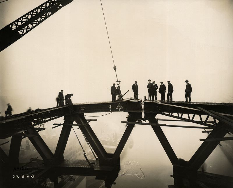 An historic moment as the Newcastle and Gateshead sides of the Tyne Bridge meet, February 23, 1928