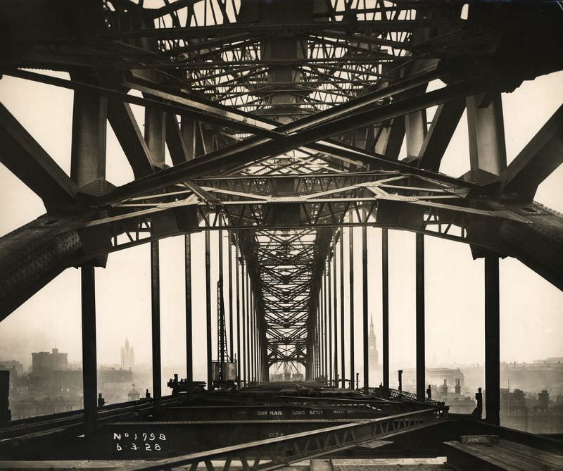 View along the Tyne Bridge looking towards Newcastle, as work on its construction continues, March 6, 1928