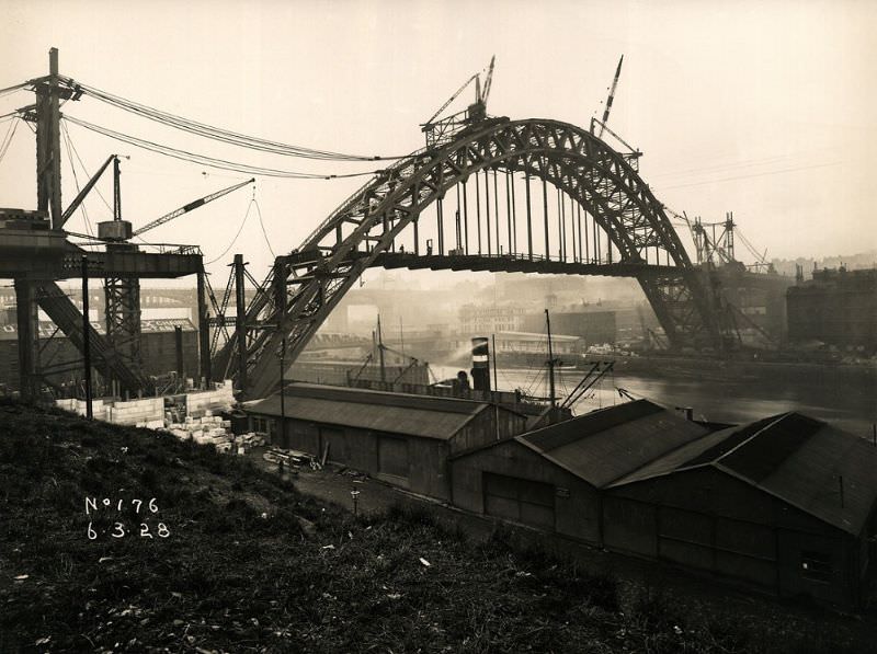 View of the Tyne Bridge from Gateshead, as work on its construction continues, March 6, 1928