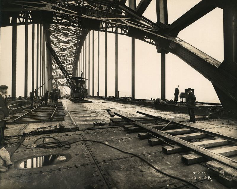 View along the Tyne Bridge as work on its roadway continues, May 18, 1928