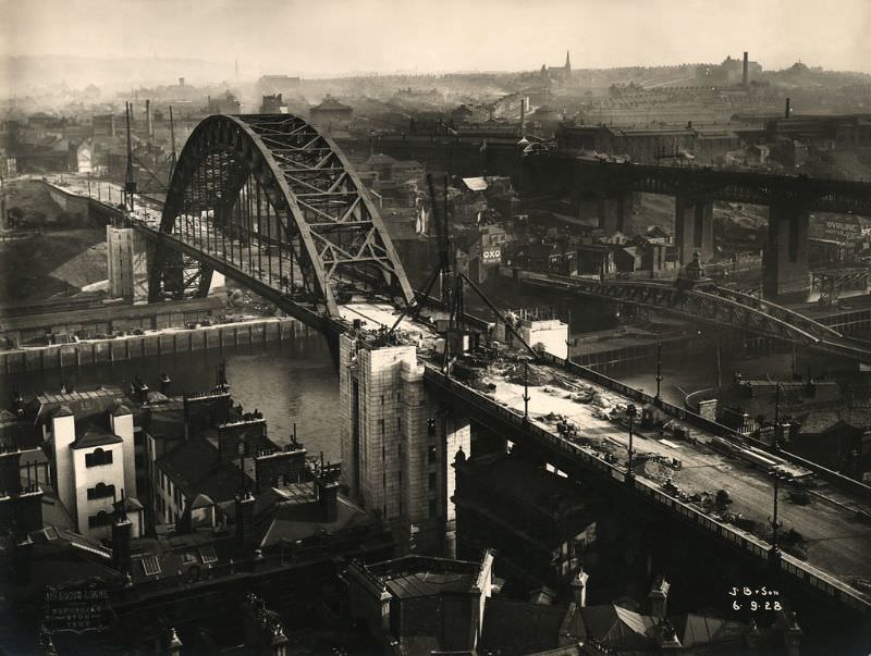 View of the Tyne Bridge towers under construction, September 6, 1928