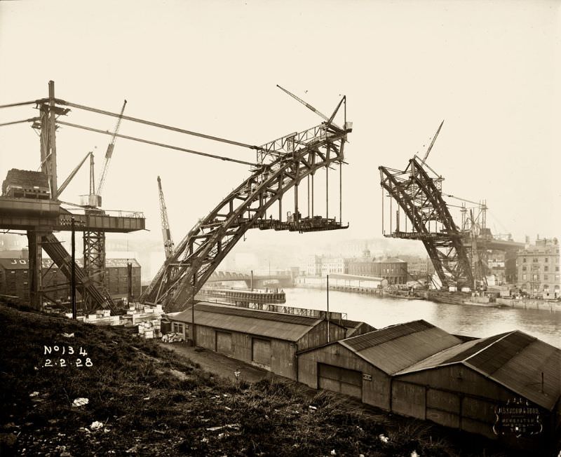 View of the Tyne Bridge from Gateshead, February 2, 1928, showing the two halves getting closer together