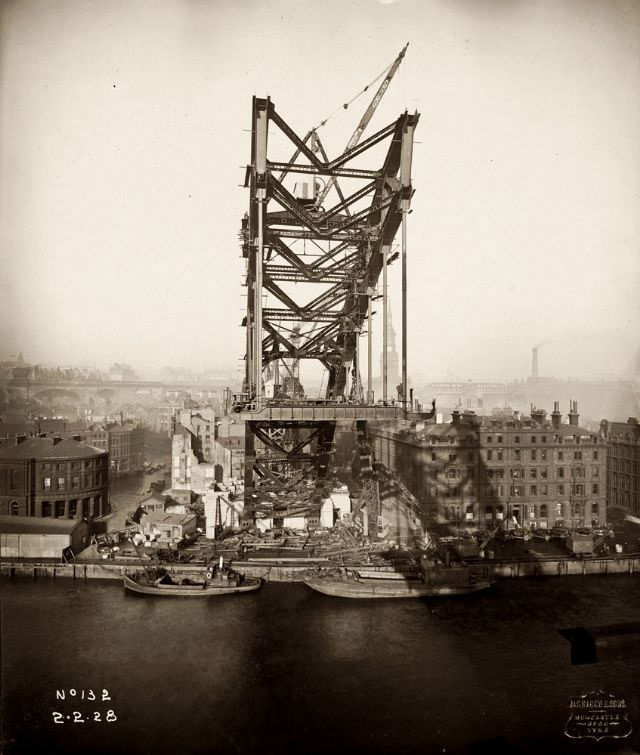 View of the Newcastle side of the Tyne Bridge captured during its construction, February 2, 1928