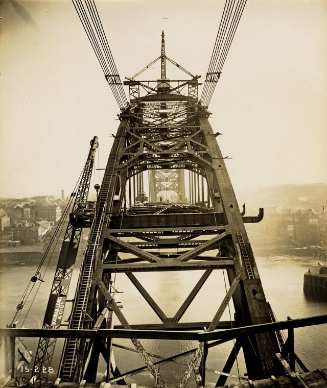 View of the Tyne Bridge captured from the Newcastle side during its construction, February 15, 1928