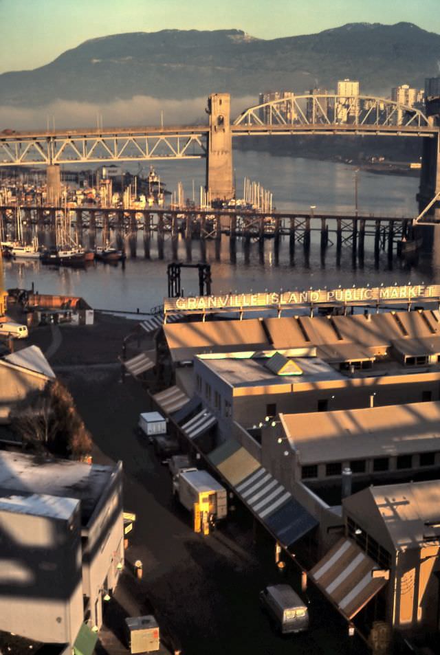 PR railway trestle and the Burrard Street bridge as seen from Granville Street Bridge, Vancouver, 1980