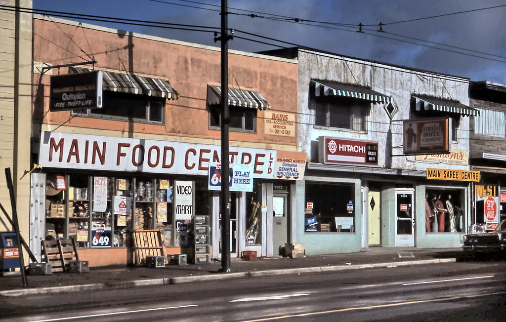 Main Street Food Centre, Hitachi and Sarees, Vancouver, 1984.