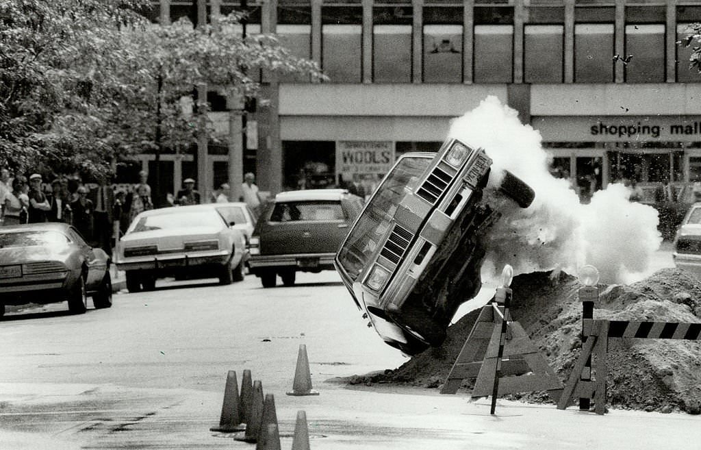 Lombard St. closed to film a car stunt for the third Perry mason tv movie, Vancouver, 1980s