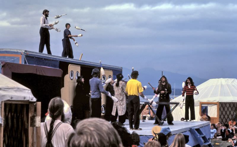 Flying Karamazov Brothers at Vancouver Folk Festival in Jericho Beach Park, Vancouver, 1982