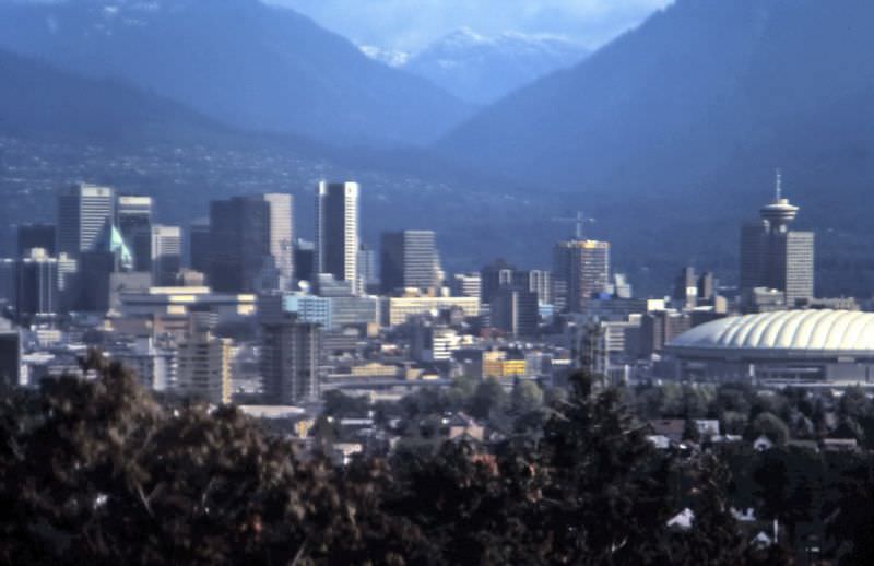 View north from Little Mountain in Queen Elizabeth Park looking toward downtown and the North Shore mountains, Vancouver, 1984
