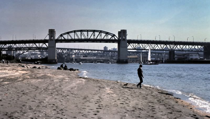 Sunset Beach and Burrard Street Bridge over False Creek in Vancouver, 1986
