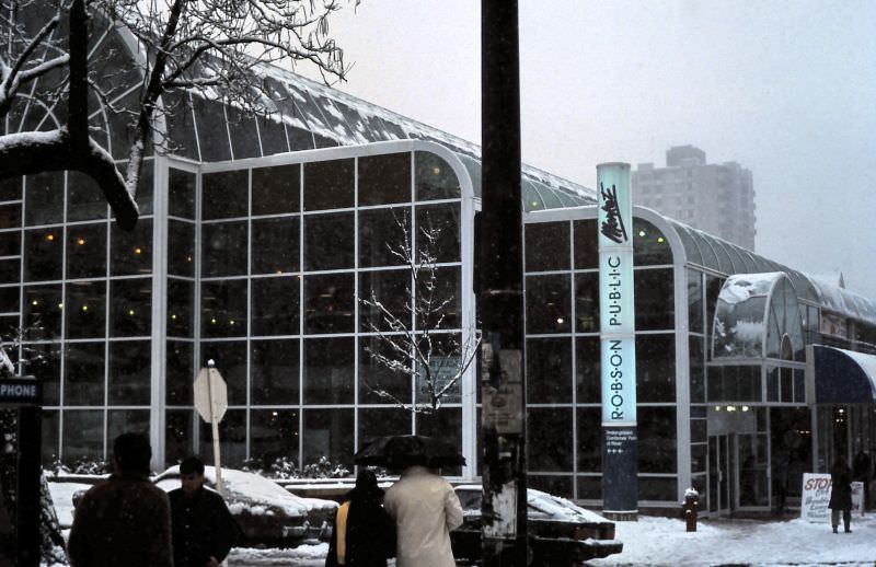 Vancouver's Robson Public Market on Robson Street on snowy day, 1986
