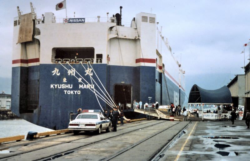 Vancouver Nissan shipload car sale at Ballantyne Pier in Vancouver, 1987