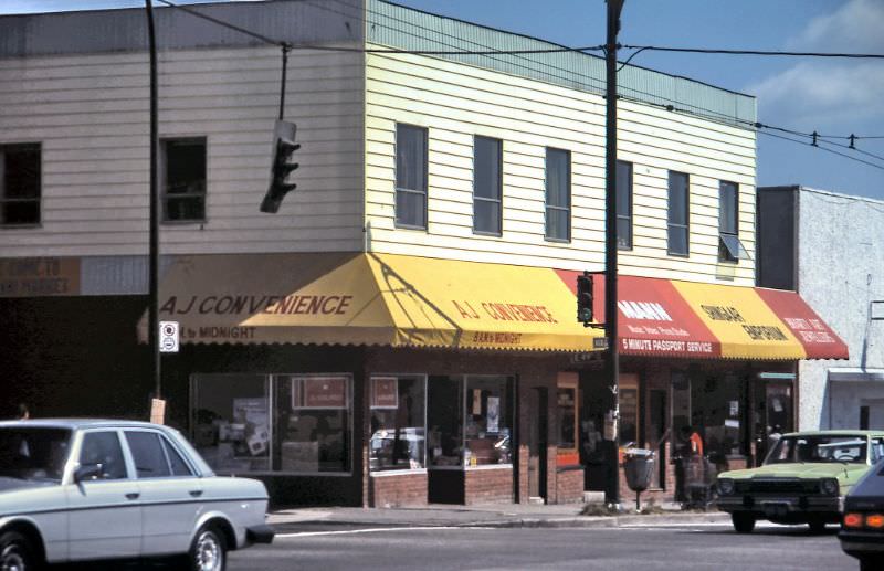 A J Convenience grocery store on southeast corner of Main Street and East 49th Avenue, Vancouver, 1984