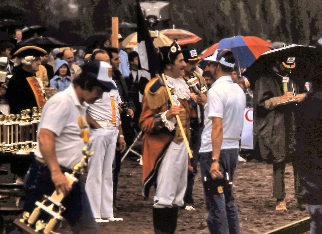 Frank Ney at Vancouver end of Bathtub Race, Kits Beach 1981