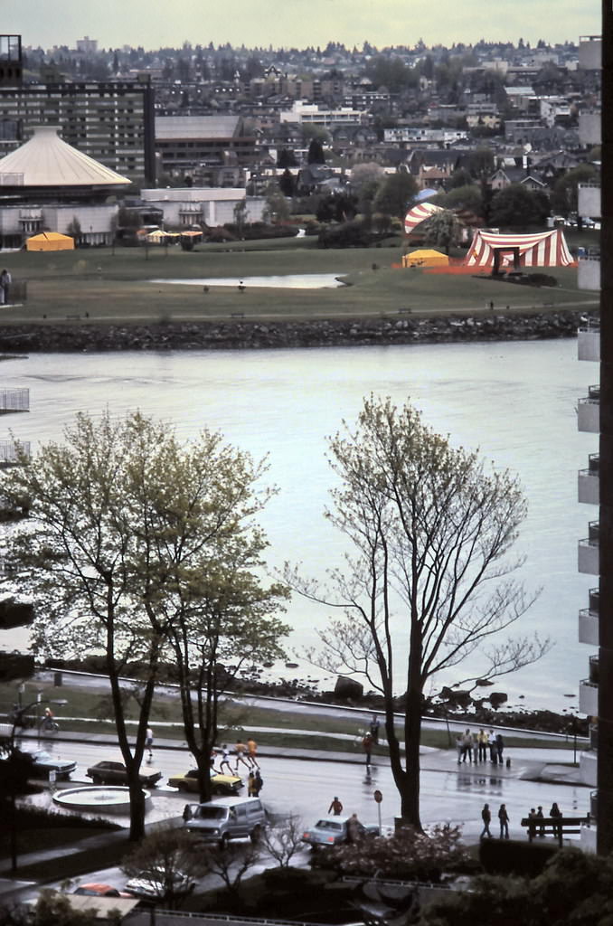 View of marathon run on Beach Avenue seen from a Burnaby Street apartment, Vancouver 1982.