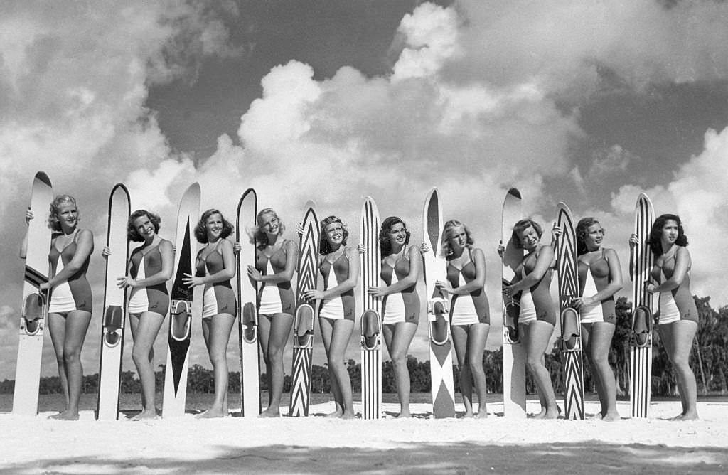 Line of Women With Water Skis at Cypress Gardens, Florida.
