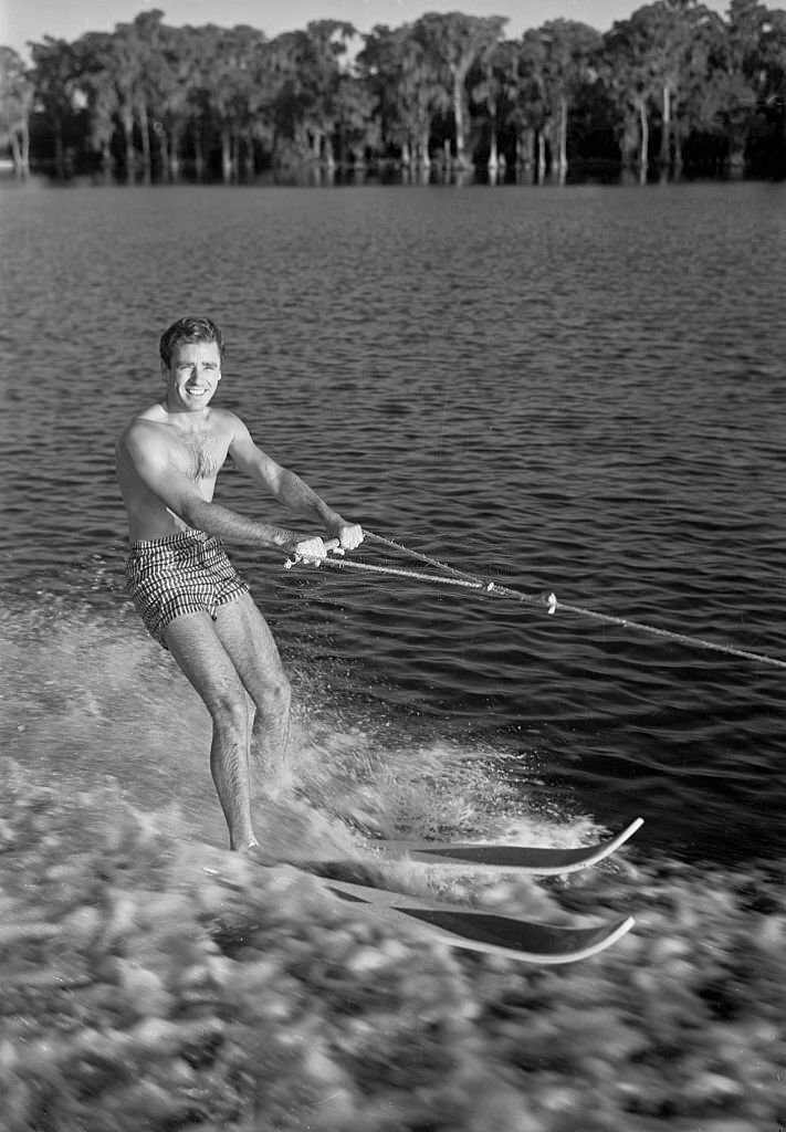 Peter Lawford Water Skiing at Cypress Gardens, Florida.