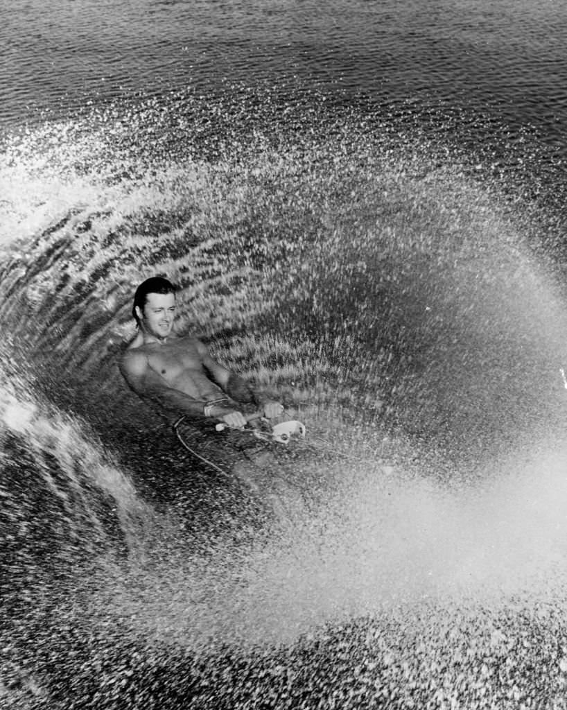 American water-ski champion Victor Palomo in action during a competition event at Cypress Gardens, Florida, 1972