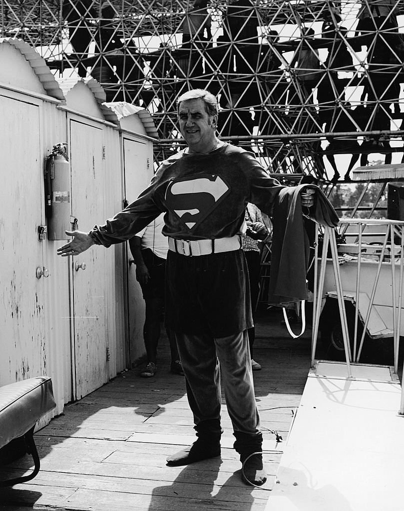 American television host Ed McMahon smiles while dressed in a Superman costume at Cypress Gardens amusement park, Florida, 1972.