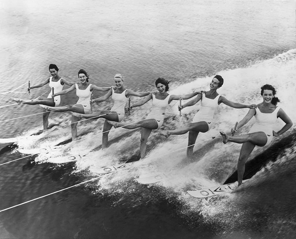 Six American women water-skiiers performing at Cypress Gardens in Florida on November 2, 1961.