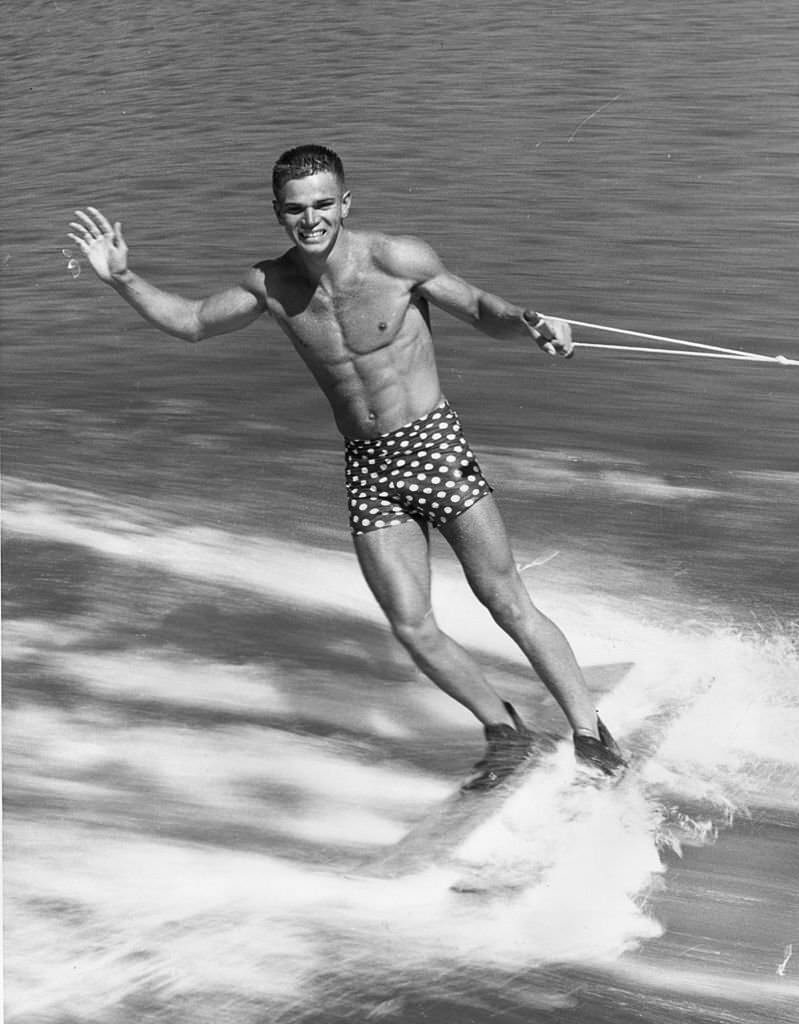 A water-skier skiing sideways at Cypress Gardens, Florida, 1961