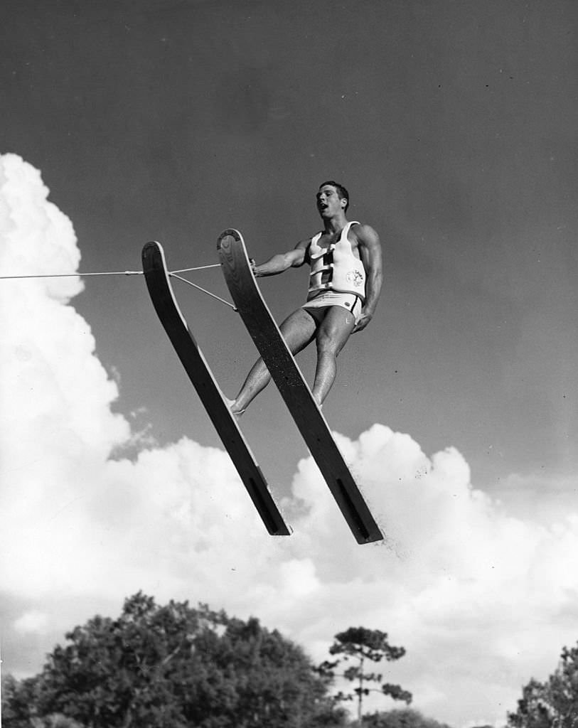 A water-skier flying through the air at Cypress Gardens, Florida, 1961