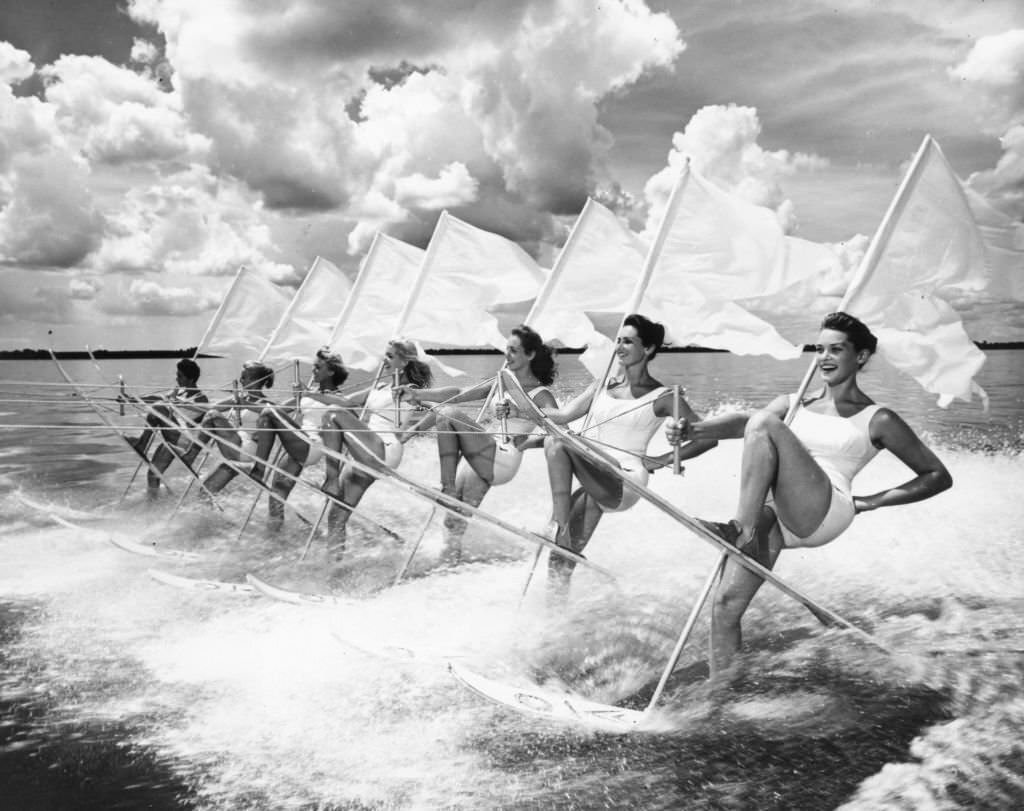 A group of women performing on water-skis at Cypress Gardens, Florida, 1961