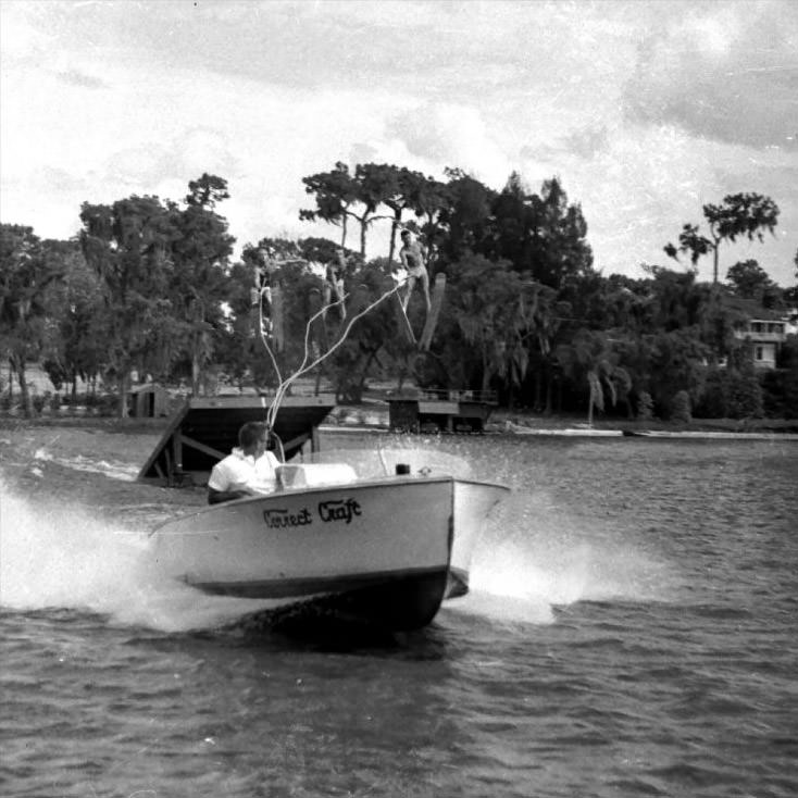 Boat ski jump at Cypress Gardens, Florida, 1950s.