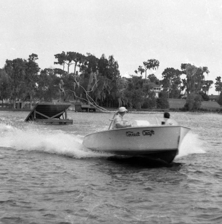 Boat ski jump at Cypress Gardens, Florida, 1950s.