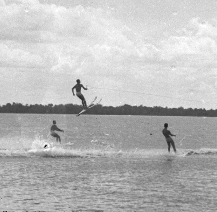 Men skiing at Cypress Gardens, Florida, 1950s.