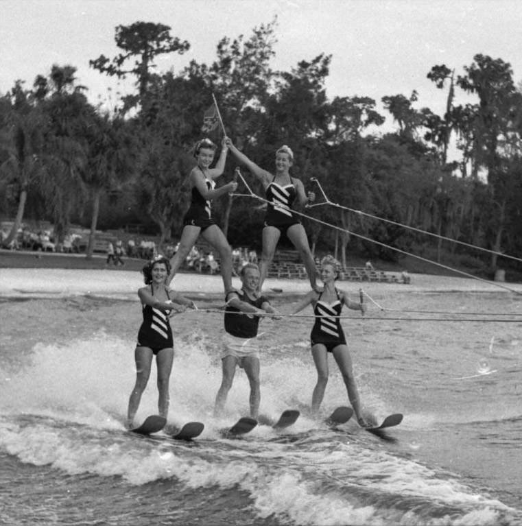 Skiing group at Cypress Gardens, Florida, 1950s.