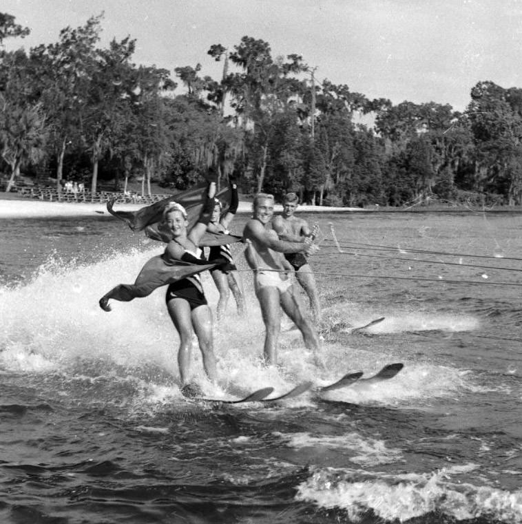 Skiing group at Cypress Gardens, Florida, 1950s.