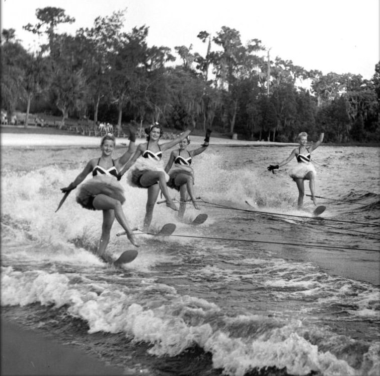 Skiing group at Cypress Gardens, Florida, 1950s.