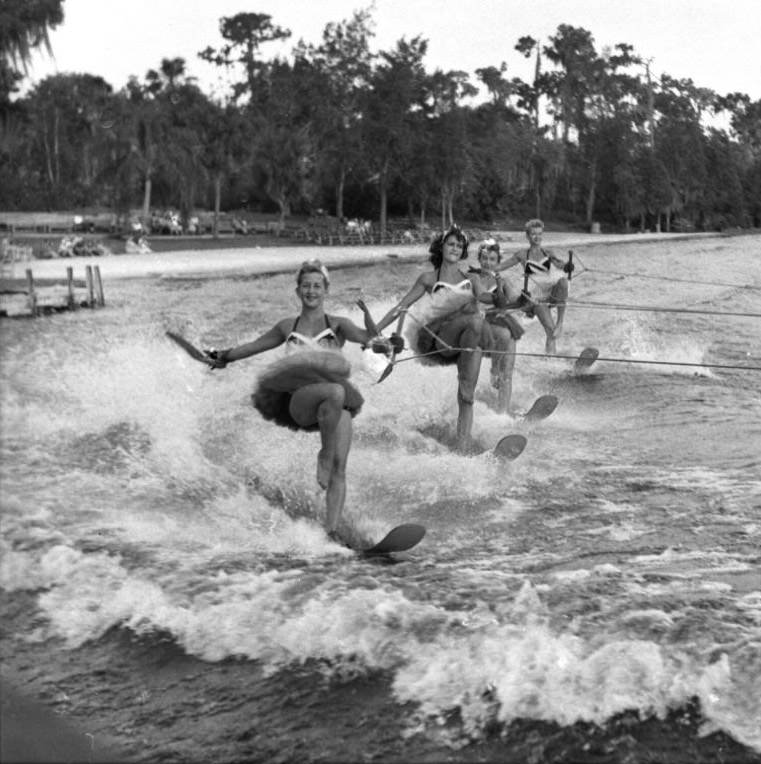 Skiing group at Cypress Gardens, Florida, 1950s.