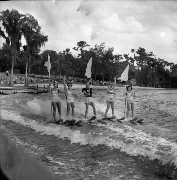 Skiing group at Cypress Gardens, Florida, 1950s.