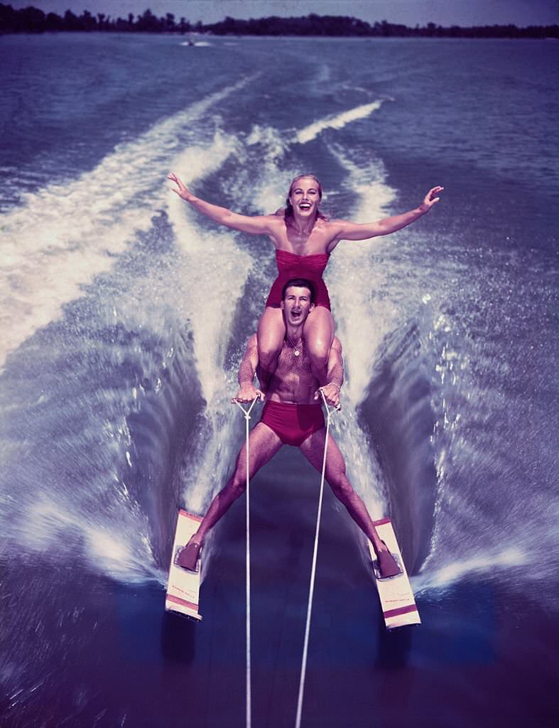 Nancie Cooper of Milwaukee Wisconsin, does the backward swan at Cypress Gardens, Florida, 1956