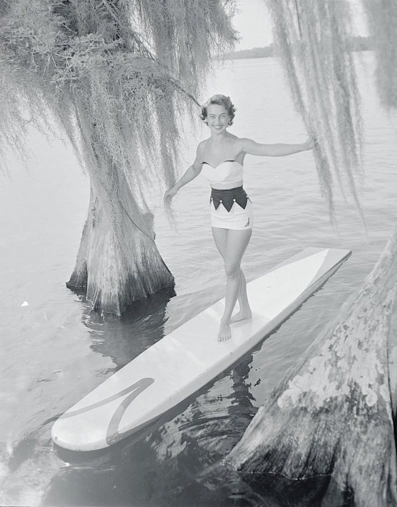 Young Woman Wearing Swimsuit in Marshes at Cypress Gardens, Florida, 1956