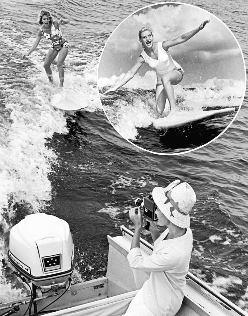 Created by Dick Pope of Cypress Gardens fame, a woman is surfing the wake of a power boat, Winter Haven, Florida, 1958.