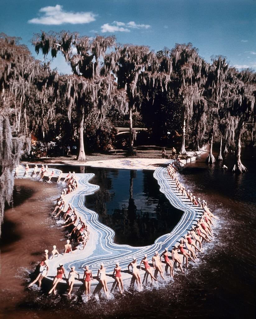 A group of southern belle models pose for a portrait by a pool shaped like the state of Florida at Cypress Gardens theme park in 1953 near Winterhaven, Florida.