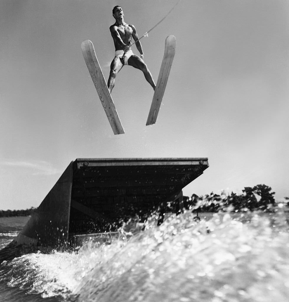 Water Skier Jumping off a Ramp at Cypress Gardens, Florida, 1958