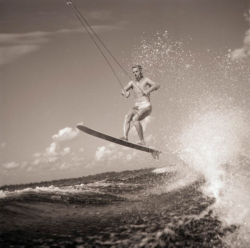 Ski Jumping Across Boat Wake at Cypress Gardens, Florida.