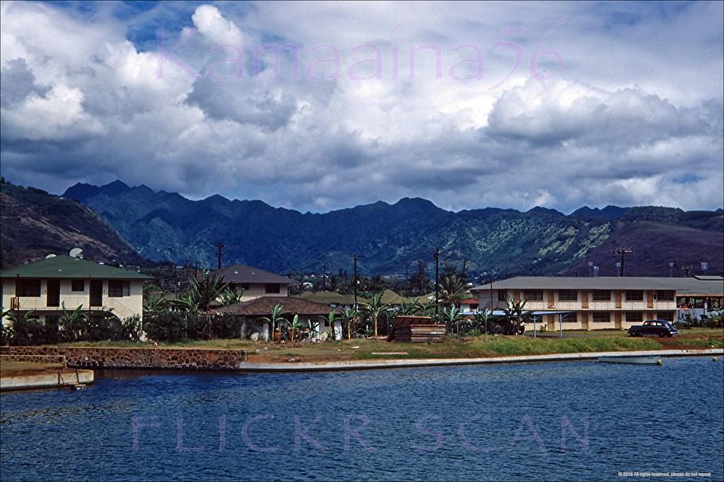 Mauka view looking inland across the Ala Wai Canal from Ala Wai Blvd, 1949