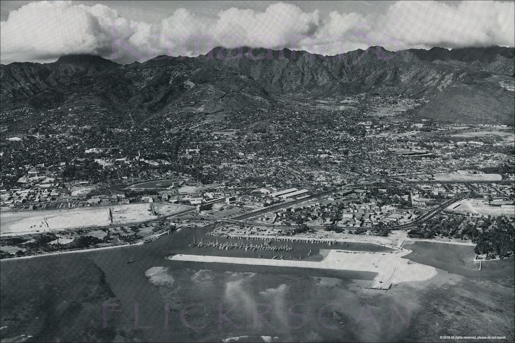 Ala Wai Yacht Harbor after its construction started in the early 1950s and before work on the Kaiser Hawaiian Village land reclamation and lagoon commenced in 1955.