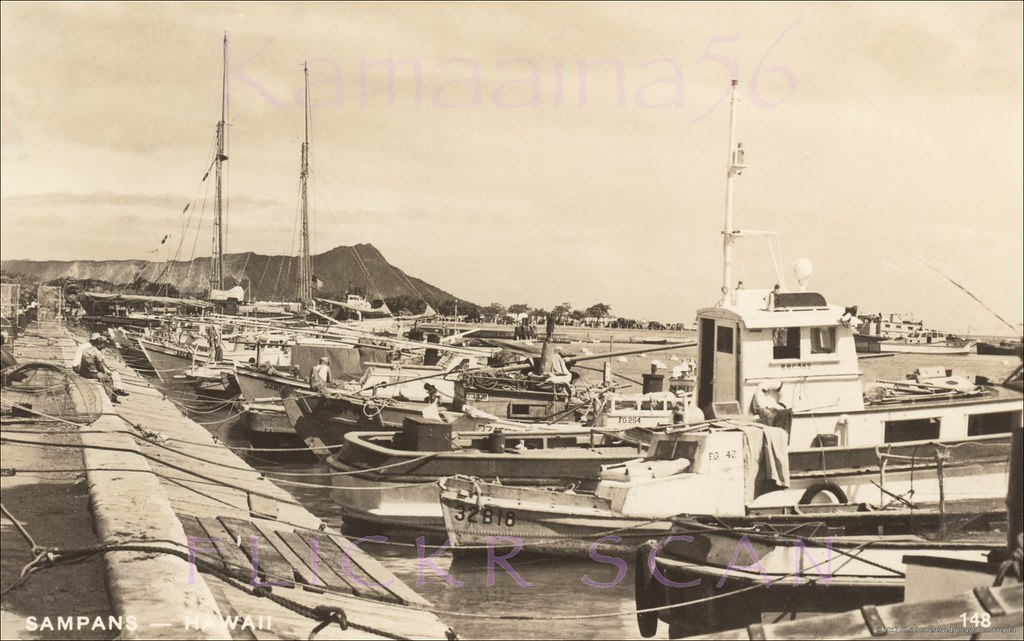 Aku boats moored at Honolulu’s Kewalo Basin on south shore Oahu, 1940s