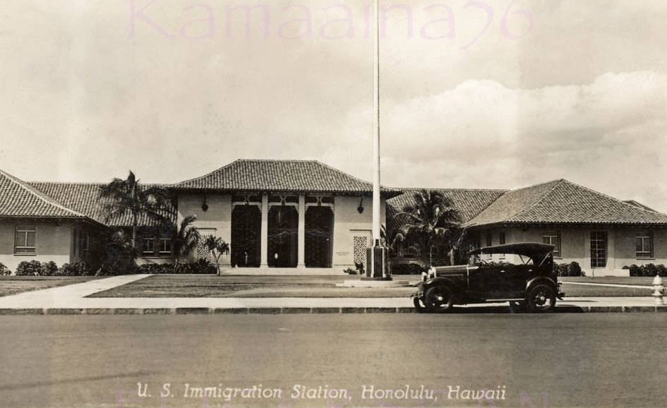 The United States Immigration building on Ala Moana Blvd. at Forrest Avenue in the Kakaako area of Honolulu next to the harbor, 1930s