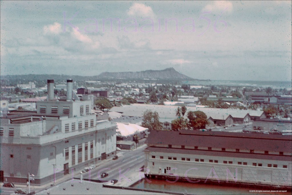 Diamond Head view from the Aloha Tower next to Honolulu Harbor, 1949