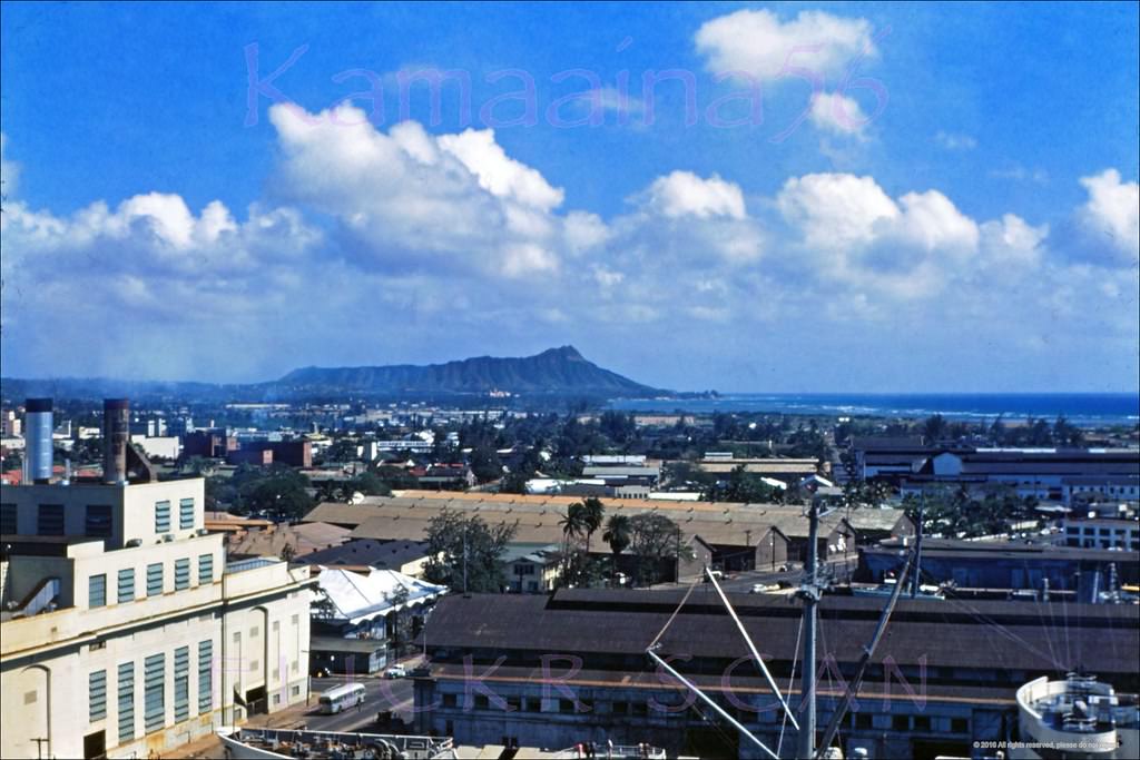 The Honolulu Harbor area looking towards a low-rise Waikiki from the 1926 10-story Aloha Tower, 1949