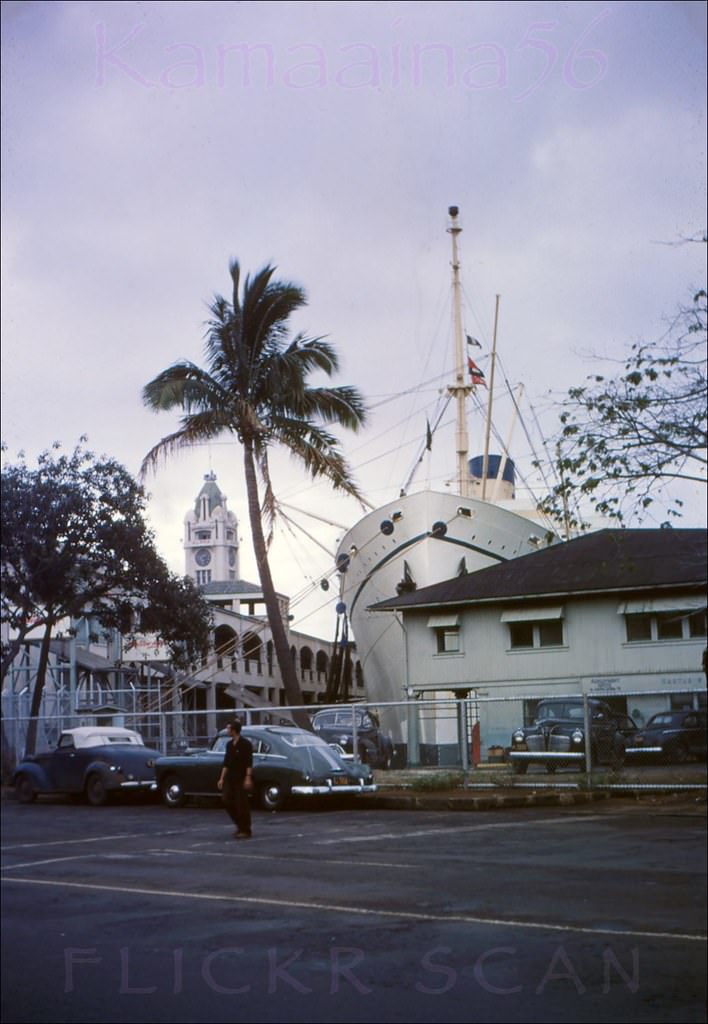 Matson Liner SS Lurline moored at Pier 10 with the Aloha Tower in the background, 1949