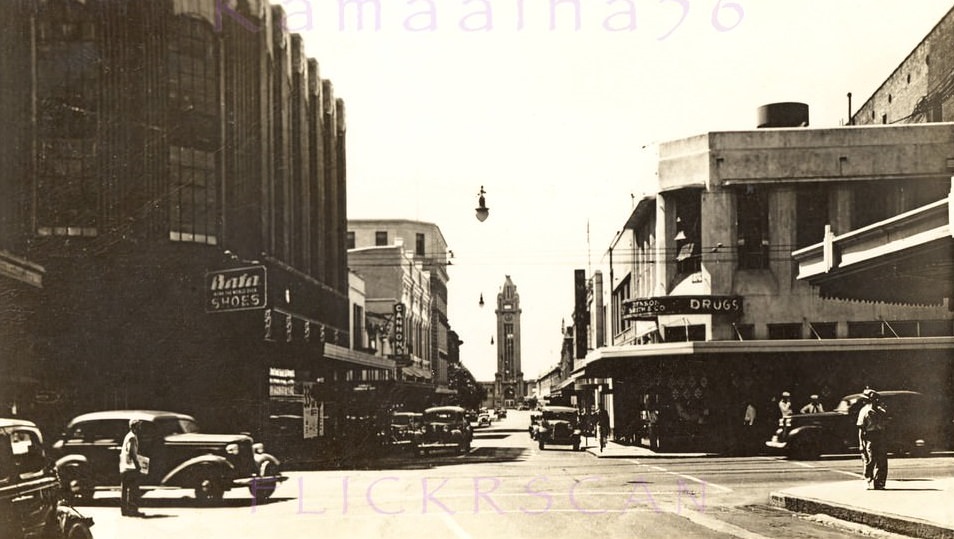 Underexposed but still interesting scene looking makai (seaward) along downtown Honolulu's Fort Street, 1944.